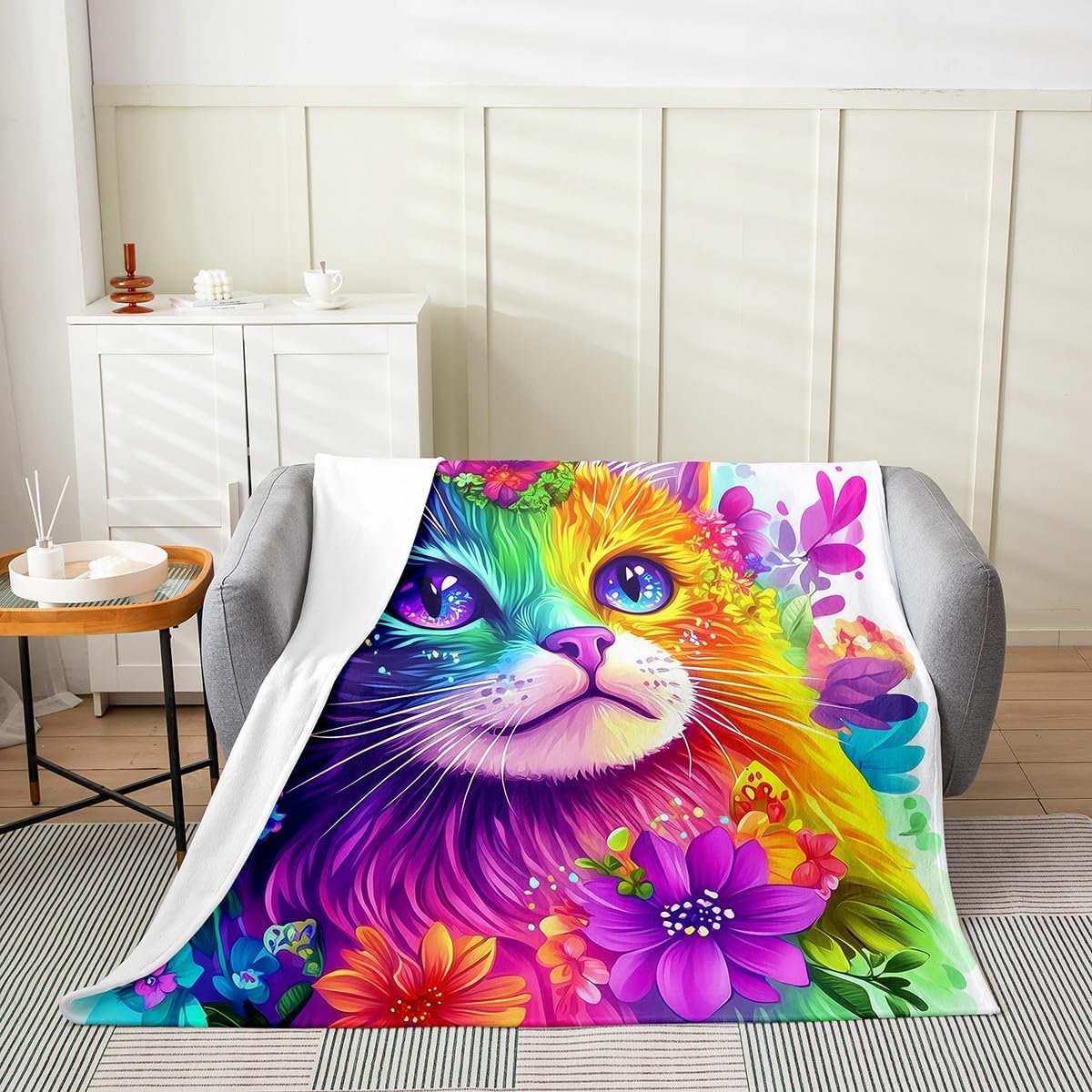 Feelyou Cute Cat Flannel Fleece Throw Blanket Queen 90"x90" Colorful Cat Fuzzy Blanket for Sofa Couch Kids Adult Boys Girls Flower Floral All Season Bed Blanket Kawaii Animal Plush Blanket