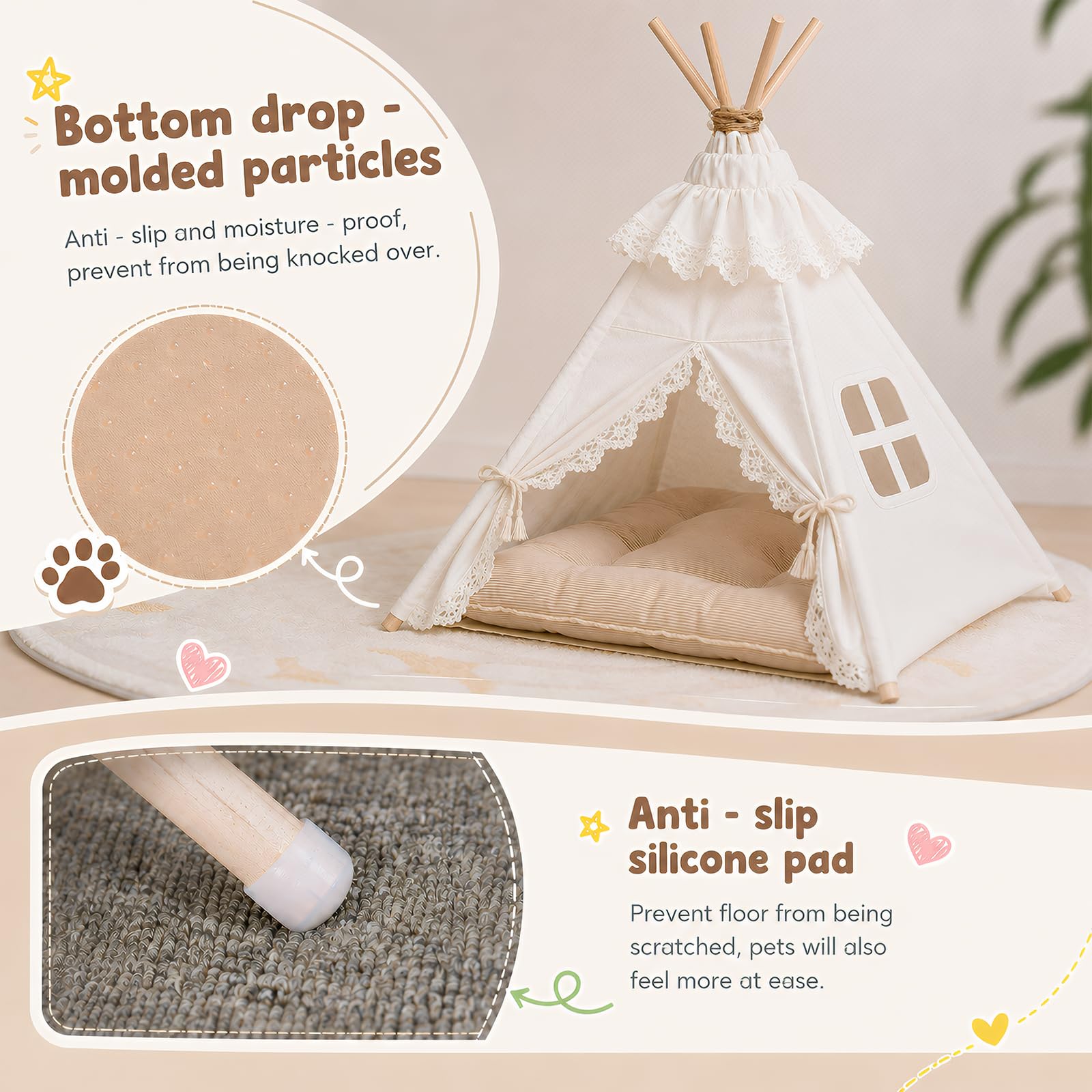 Tipi Zelt für Hunde und Katzen 60x60x70cm, 5-Eckiges Kiefernholz Haustierzelt mit Doppelseitigem Kissen, Waschbare Hundehöhle für Mittelgroße Hunde bis 15kg Indoor, Cremeweiß, 1 Stück