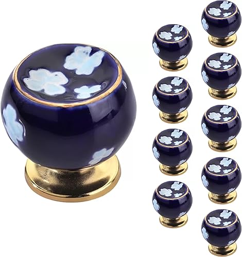 Mascot Hardware Perillas de cerámica para gabinete, paquete de 10 flores tropicales de 1-35 pulgadas, pomos de cerámica azul, pomos de cajón para