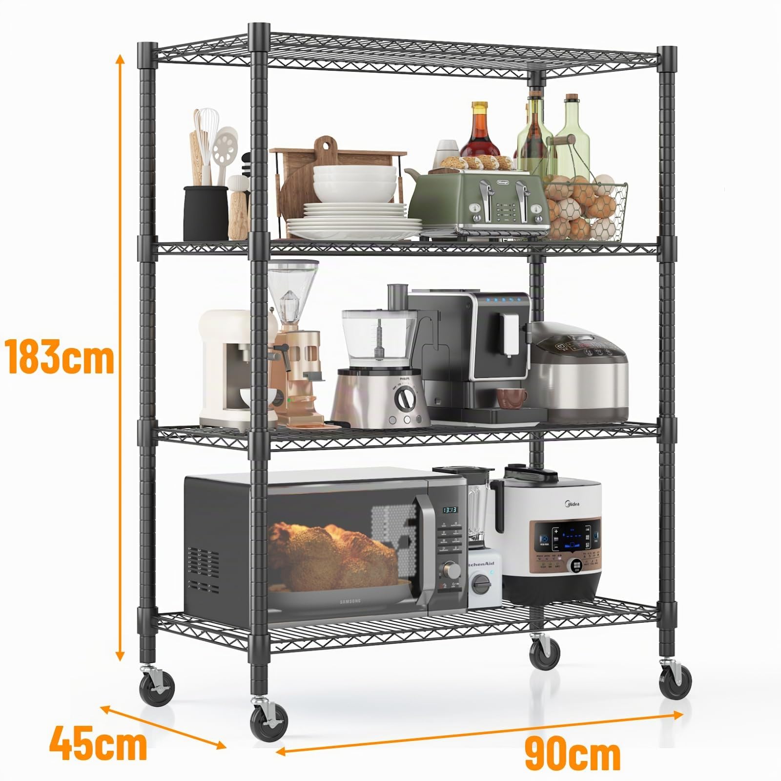 Himimi Étagère en Fil à 4 Niveaux avec Roulettes et Pieds de Nivellement, Hauteur Réglable, Étagère de Rangement en Métal pour Cuisine, Salle de Bain, Chambre,Capacité de 500 kg, 90*45*183 cm, Noir