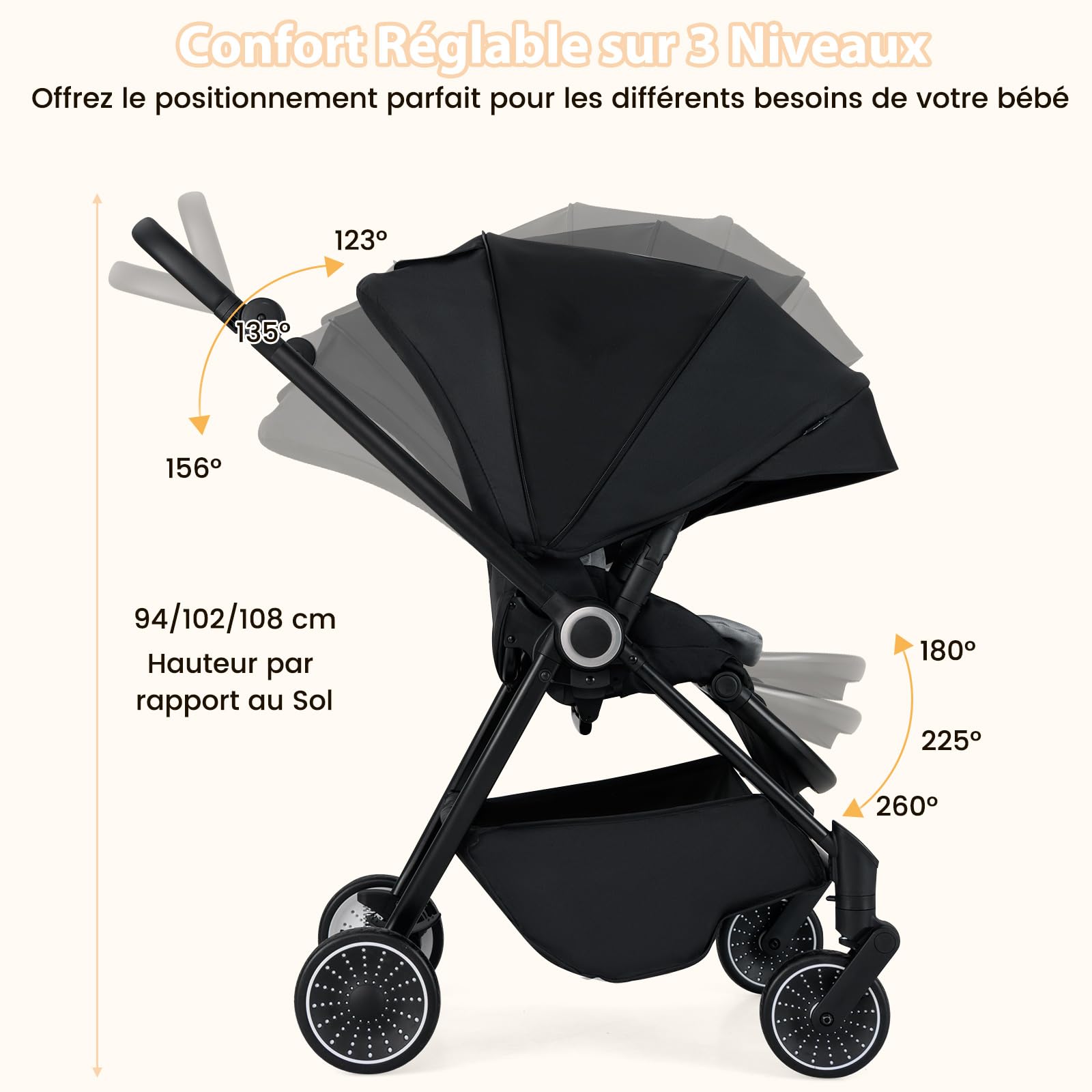 COSTWAY Poussette Canne Bébé 0-3 Ans(Charge 15 kg) avec Siège Réversible & Dossier Inclinable, Poussette Compacte et Légère Pliable avec Auvent Réglable & Panier Inférieur, Harnais à 5 Points (Noir)