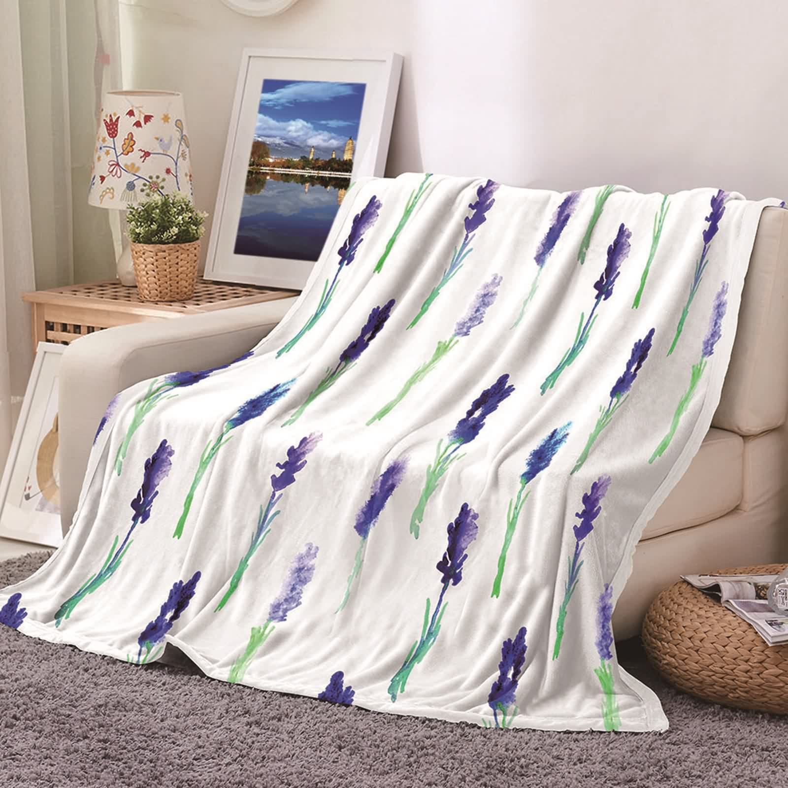 Couverture plaid flannel 180x200cm imprimé lavande violet blanc lit