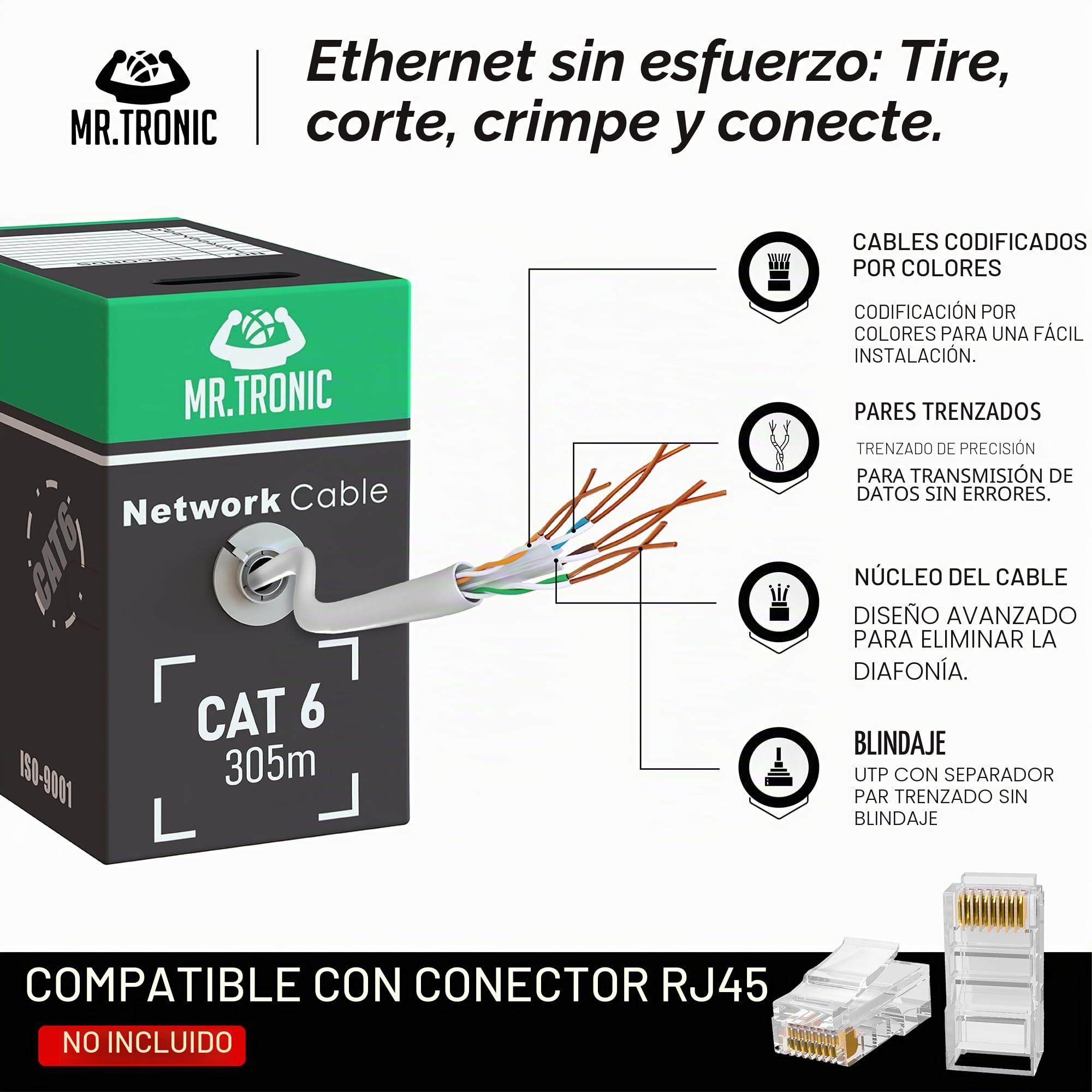 Mr. Tronic Granel Cable Ethernet Cat 6 De 305m, Bulk Cable de Red LAN Para Internet Rápida & Fiable - AWG24 Cat6 a Granel, 1 Gbps Internet 250 MHz UTP CCA (305 Metros, Gris)