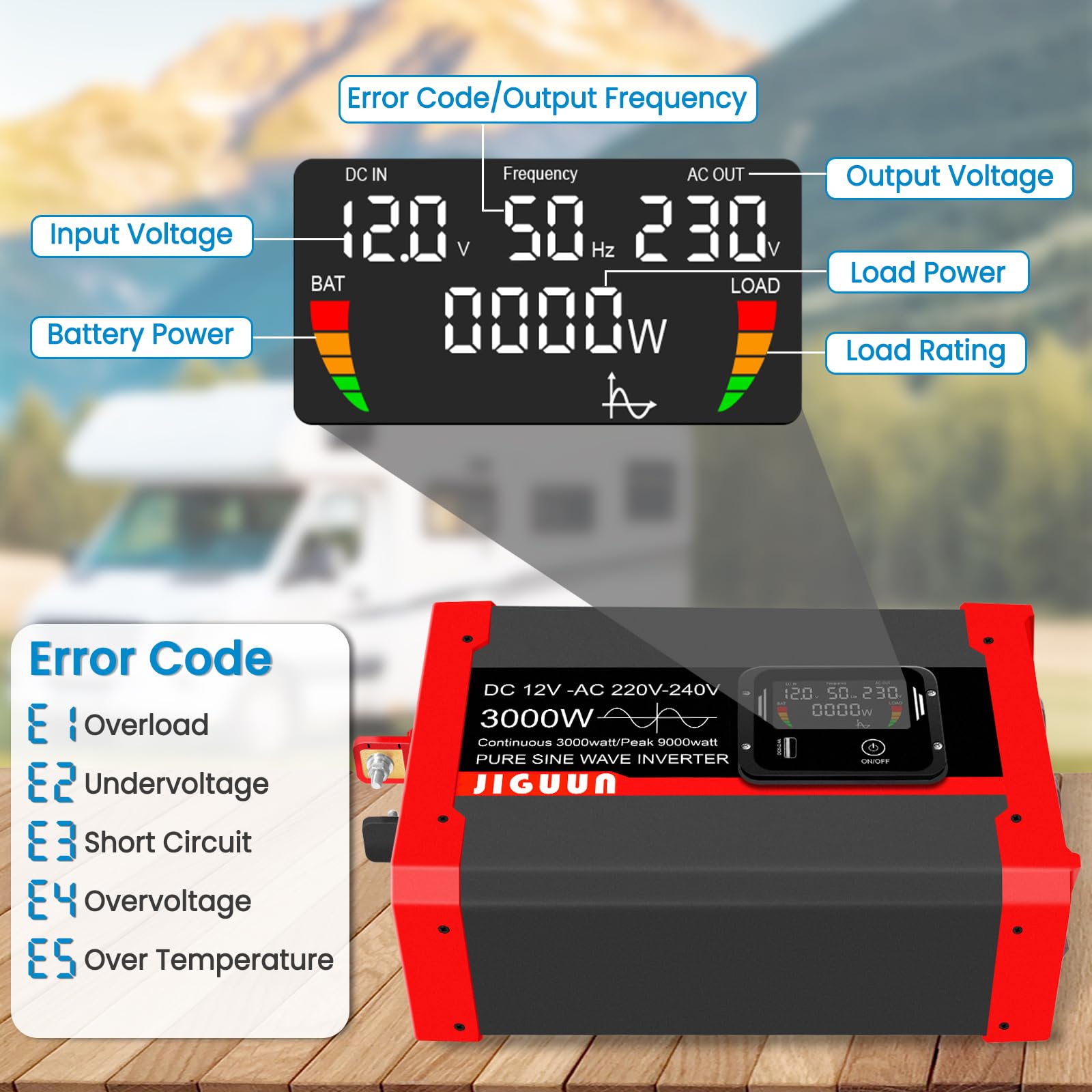 JIGUUN 3000W 9000W Falownik 12V na 230V Przetwornica napięcia sinusoidalnego z wyświetlaczem LCD,zdejmowanym pilotem zdalnego sterowania, 2 gniazdami UE, 3 portami USB+1 portem typu C