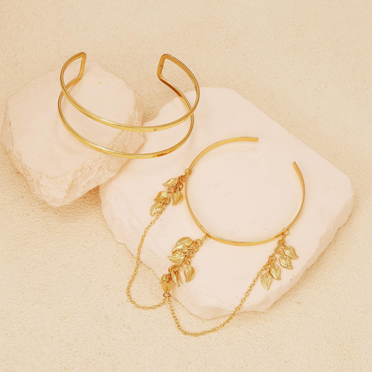 BROCC 2Pcs Gold Arm Cuff Bracelets Set for Women Open Adjustable Upper Arm Bangles Minimalist Upper Arm Cuff Jewelry Set - Image 3