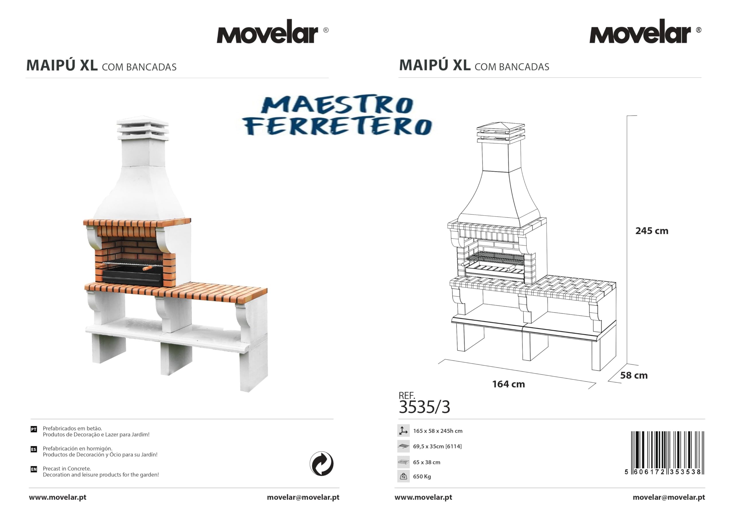 MOVELAR - Barbecue préfabriqué à bois et charbon en béton réfractaire modèle Maipu XL avec support latéral (Gris, Orange - 165 x 58 x 245 cm) REF: 3535/3 - Cuisine extérieure avec double grille