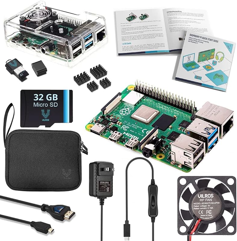 Vilros Raspberry Pi 4 Complete Starter Kit - Includes Pi 4 Board, Fan Cooled Case, 64GB Preloaded Micro SD Card and More (1GB, Clear Transparent Case)