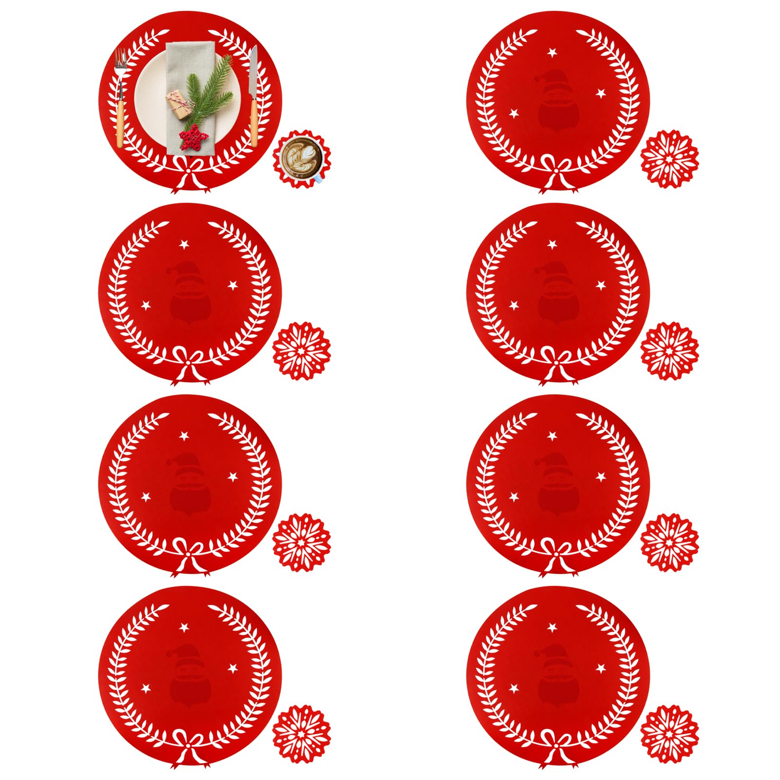 Manteles Individuales Navidad, XIMEY 8 Manteles Individuales y 8 Posavasos, Mantel Individual Navidad, Juego de Manteles Individuales de Papá Noel y Renos, Adecuado para la Cena de Navidad (Papá Noel)