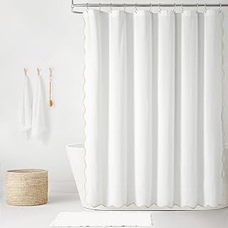 Coastal Chic Scallop Edge Linen-Textured Shower Curtain, Single 72" W x 72" L, Neutral & White - Scalloped Shower Curtains - Coastal Bathroom Curtain