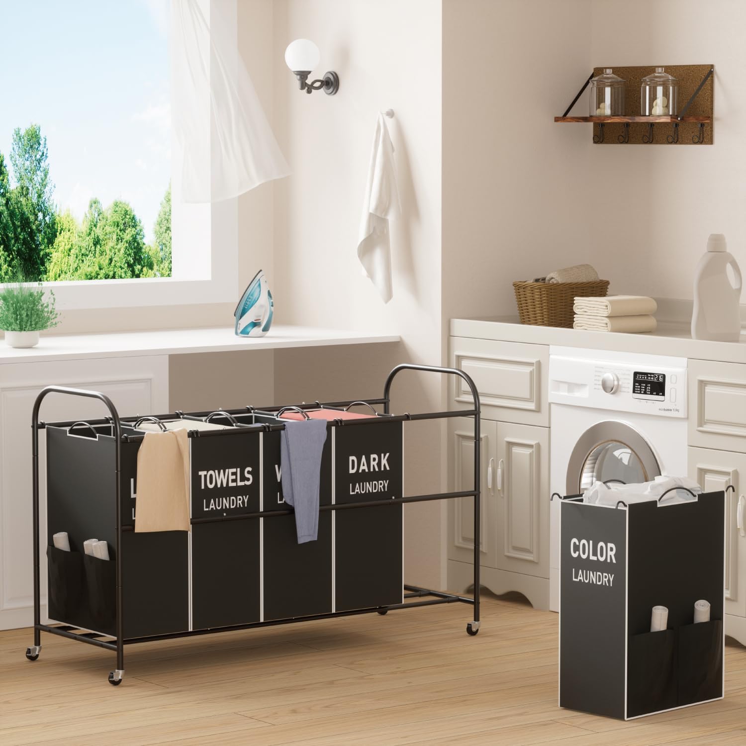 5-Section Laundry Sorter Cart, Large Laundry Hamper with Lockable Rolling Wheels, Versatile Storage Organizer with Removable Bags for Dirty Clothes, Black