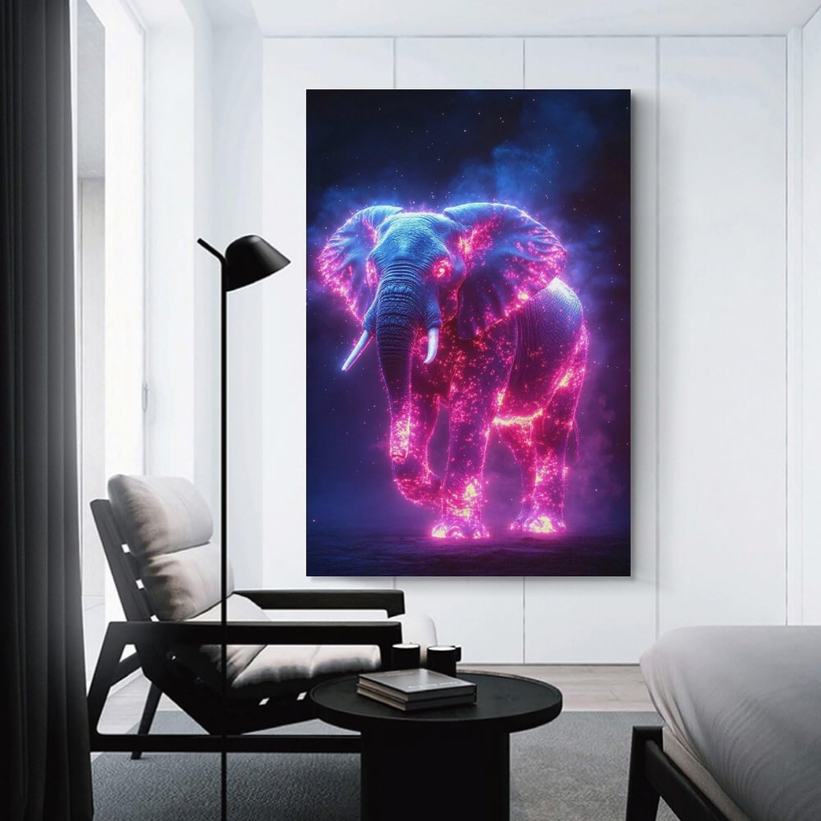 Junmoney Cosmic Elephant with Neon Glow Room Decor Wall Art, 24x36inch(60x90cm), for Home Office, Desk Area Or Studio, An Interior Accent for Desk Areas