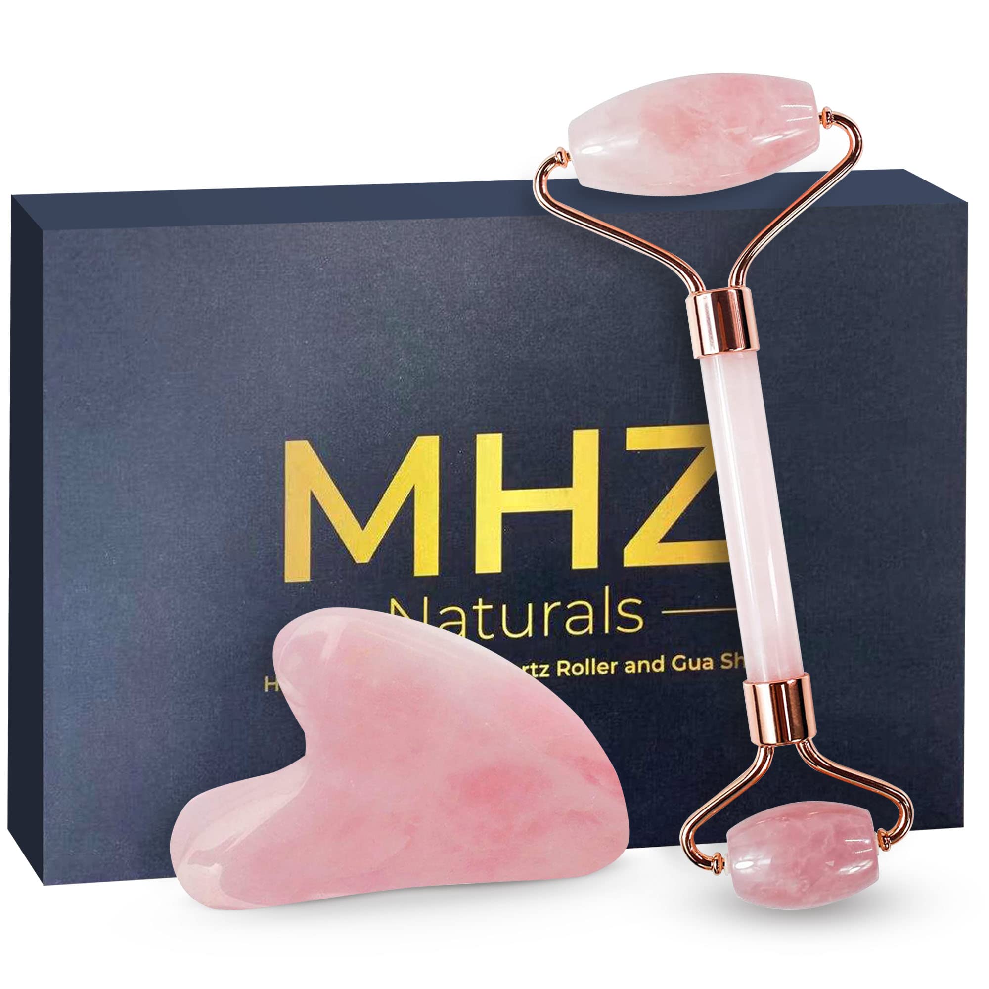MHZ Naturals™ Rose Quartz Jade Face Roller and Gua Sha Set with Carry Pouch, Instruction Manuals & Certificate I Roller and Guasha Combo for Glowing & Healthy Skin I Face Massage Tool in Hard Gift Box