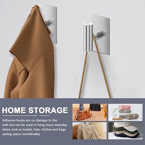 Miniatura 6 de Ganchos adhesivos, paquete de 2 ganchos de pared resistentes, ganchos de acero inoxidable para colgar abrigos, toallas, batas, ropa, ganchos de