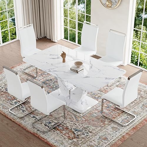 Miniatura 58 de JUFU Juego de mesa de comedor para 6 personas con sillas tapizadas de poliuretano, mesa y sillas de comedor de mármol sintético gris de 63 pulgadas,