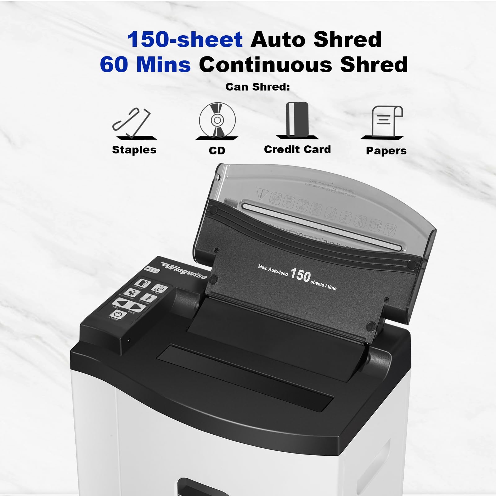 Wingwise Trituradora de papel de alimentación automática de 150 hojas, micro corte P-5 de alta seguridad (5/64 x 19/32 pulgadas), contenedor grande de 6 galones, funcionamiento continuo de 40 minutos