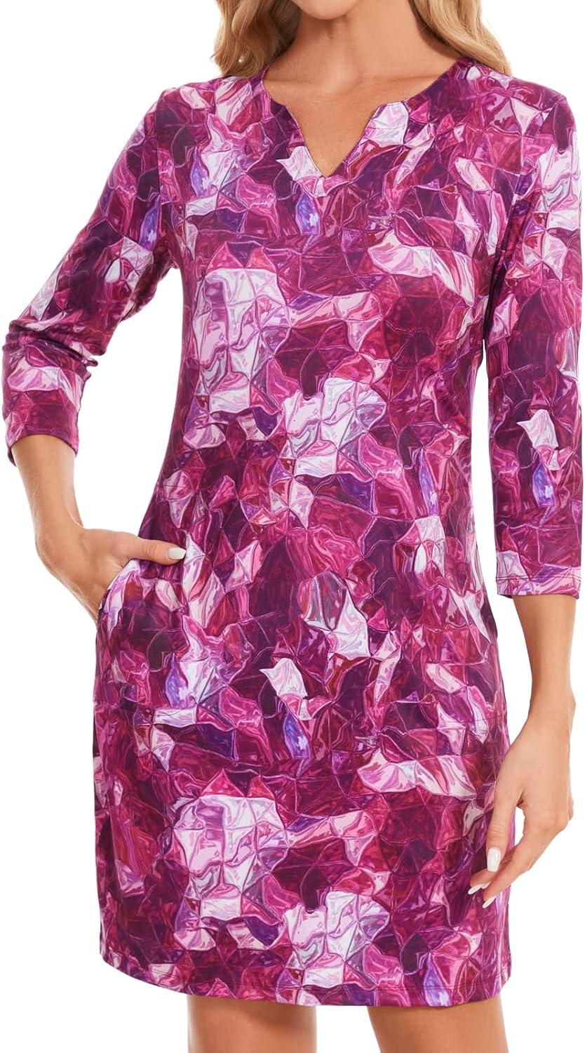 Lightbare Women’s 3/4 Sleeve Dress with Pockets UPF 50+ Casual Sun Dress Breathable Quick Dry for Beach Hiking Outdoors Party