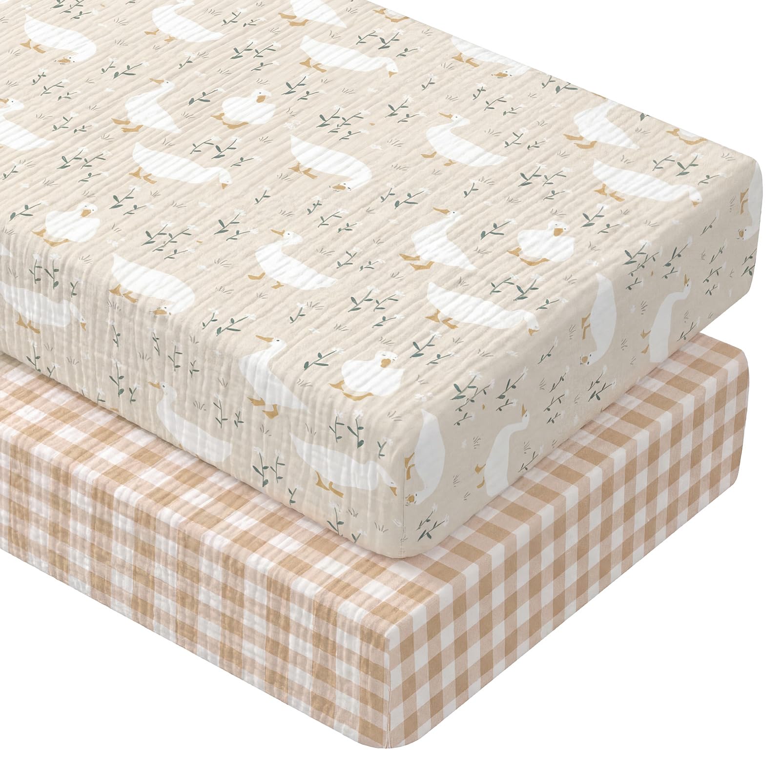 Breling 2 Pcs Muslin Silly Goose and Brown Plaid Crib Sheets for Boy Girl Soft and Breathable 100% Cotton Crib Baby Bed Sheets Fitted Coquette Bow Mattress Cover for 52''x 28'' Standard Mattress Size โ image 1