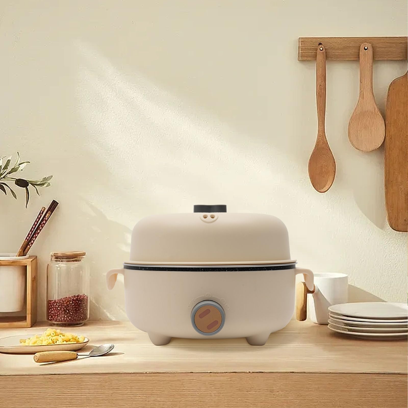 Olla Caliente Eléctrica Portátil - Cazuela Antiadherente de 1,5 L, Multifuncional para Viaje Con Olla de Vapor