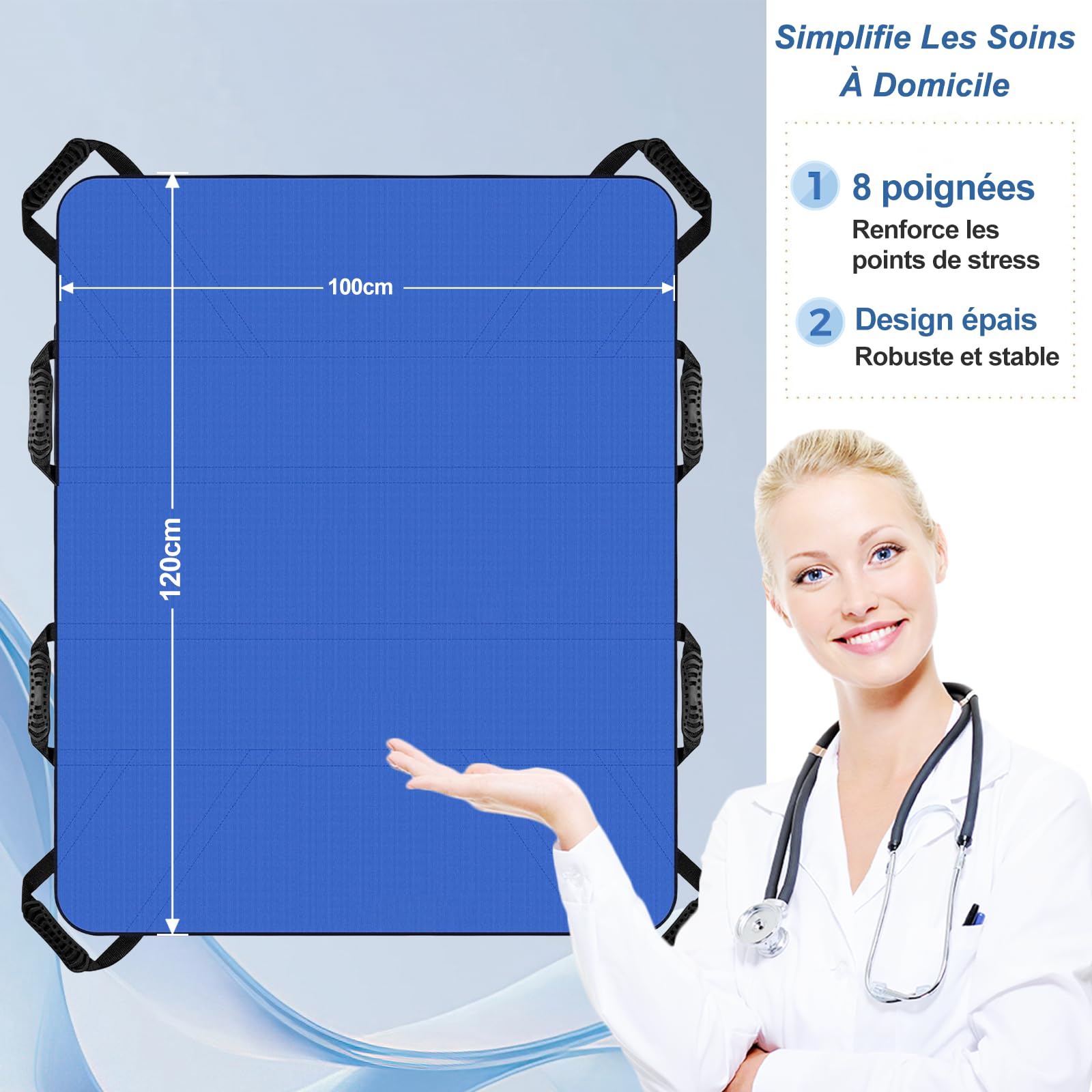 Drap De Glisse Pour Personnes Ãgées 100 * 120 Cm, Slide Sheet With 8 Handles, Patient Transfer Sheet Pour Lève Personnes Pour Personnes Âgées Et Alitées Et People With Disabilities (bleu)