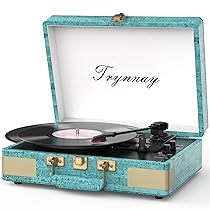 Trynnay Giradischi Bluetooth a 3 marce, lettore portatile in vinile con altoparlanti integrati, giradischi, audio migliorato, pelle cerata, retro blu