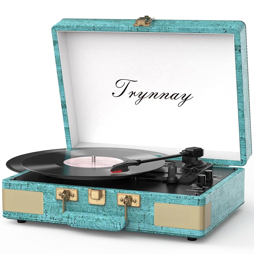Trynnay Giradischi Bluetooth a 3 marce, lettore portatile in vinile con altoparlanti integrati, giradischi, audio migliorato, pelle cerata, retro blu