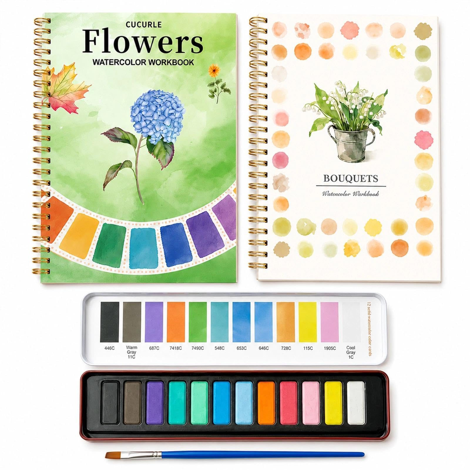 2PCS Watercolour Workbook Set, 12 Colours & Brush