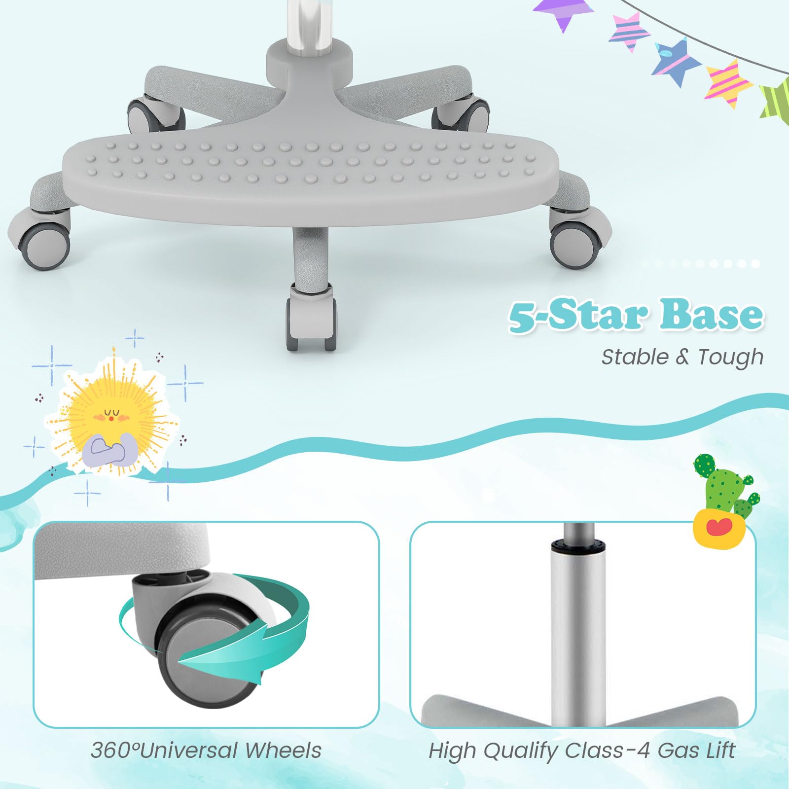 LIFEZEAL - Silla de Oficina Infantil Giratoria 360° con Reposapiés, Silla de Estudio con Altura Ajustable, Apoyabrazos Elevables, Silla Ergonómica para Niños, Carga 150 kg (Gris)