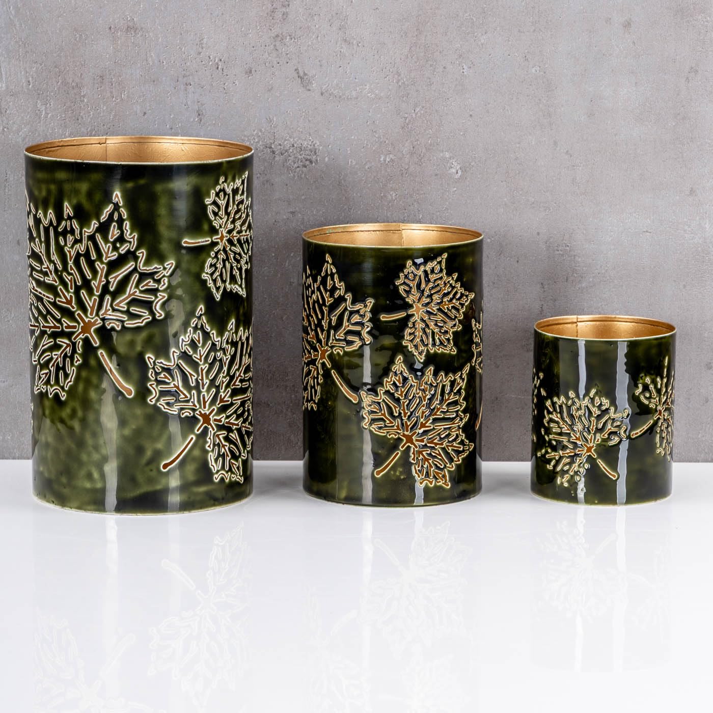 levandeo 3er Set Windlichter H10-20cm Teelichthalter Grün Gold Metall Herbstblatt Herbstdeko Tischdeko Kerzenhalter Ahorn Ahornblatt