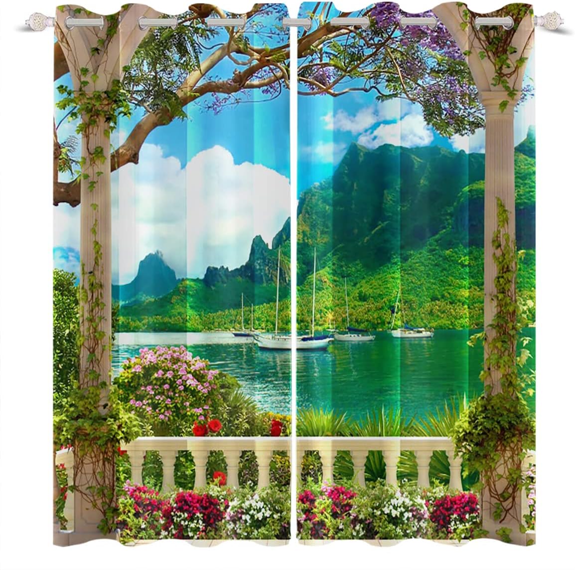 Castle Terrace Curtains Vintage Garden Arch Pillars Flowers Mountains River Natural Landscape Window Drapes 2 Panel Set for Kitchen Living Room Bedroom Decorative, 42x63 Inches