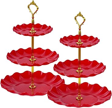 Soleebee 3-Tier Cupcake Stand, Wavy Plastic Tiered Serving Tray, Cup Cake Tower for Birthday Wedding Party Decoration, Cupcake Tier Stand Fruits Desserts Display 2 Pack Red