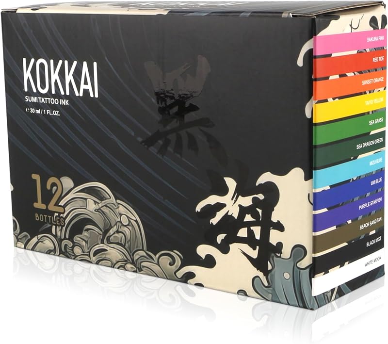 Tinta para tatuagem kokkai sumi à base de água, sem acrílico, viscosidade média, 12 cores, Pacote com 12 frascos de aproximadamente 30 mL