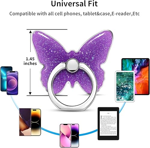Miniatura 5 de TACOMEGE Soporte para teléfono con purpurina brillante, diseño de mariposa, color morado para mujeres y niñas, compatible con smartphone, tableta