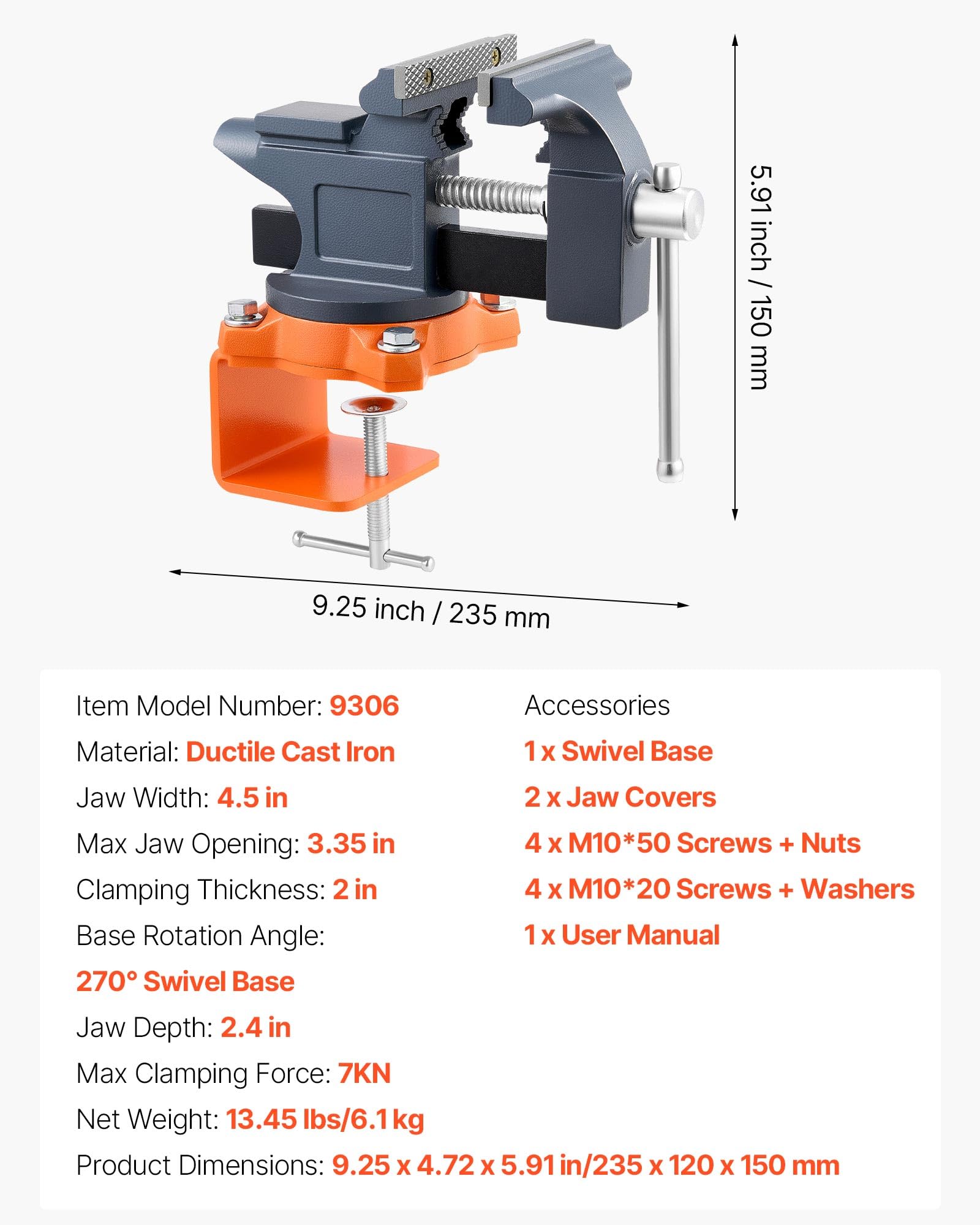 VEVOR Tornillo de Banco de Mesa, Ancho de la Mandíbula 114,3 mm, Base Giratoria 270°, Construcción de Hierro Fundido, para Carpintería, Taladrado de Metal, Grabado, Rectificado, Soldadura y Corte