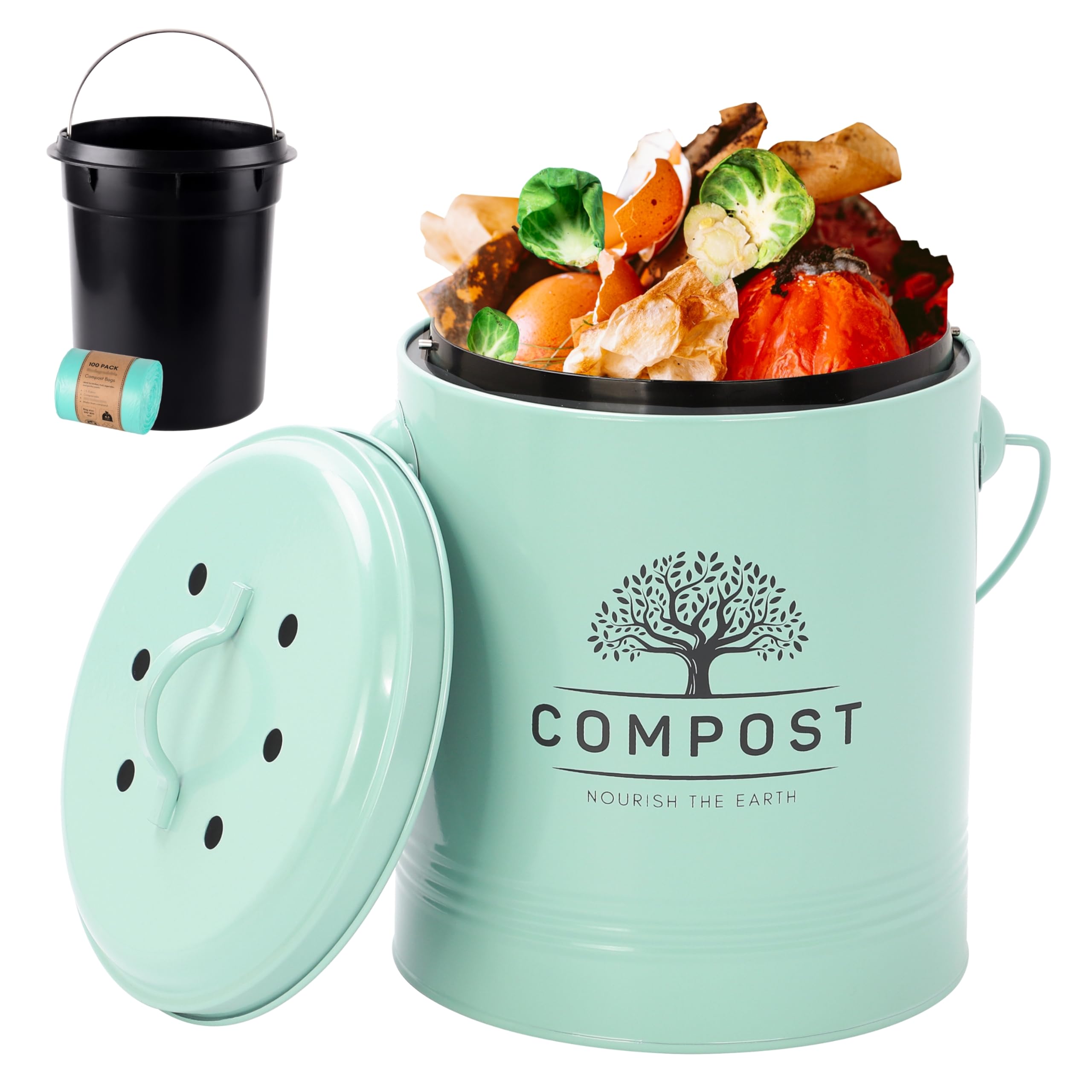Photo 1 of **SOLD AS IS NO REFUND/RETURN** SEE COMMENTS!~
Perfnique Kitchen Compost Bin, 1.3 Gallon Countertop Compost Bin with Lid, Indoor Compost Bucket Includes Inner Bucket Liner and Carbon Filter, Small Compost Bin with Trash Bags (with Bags, Mint)