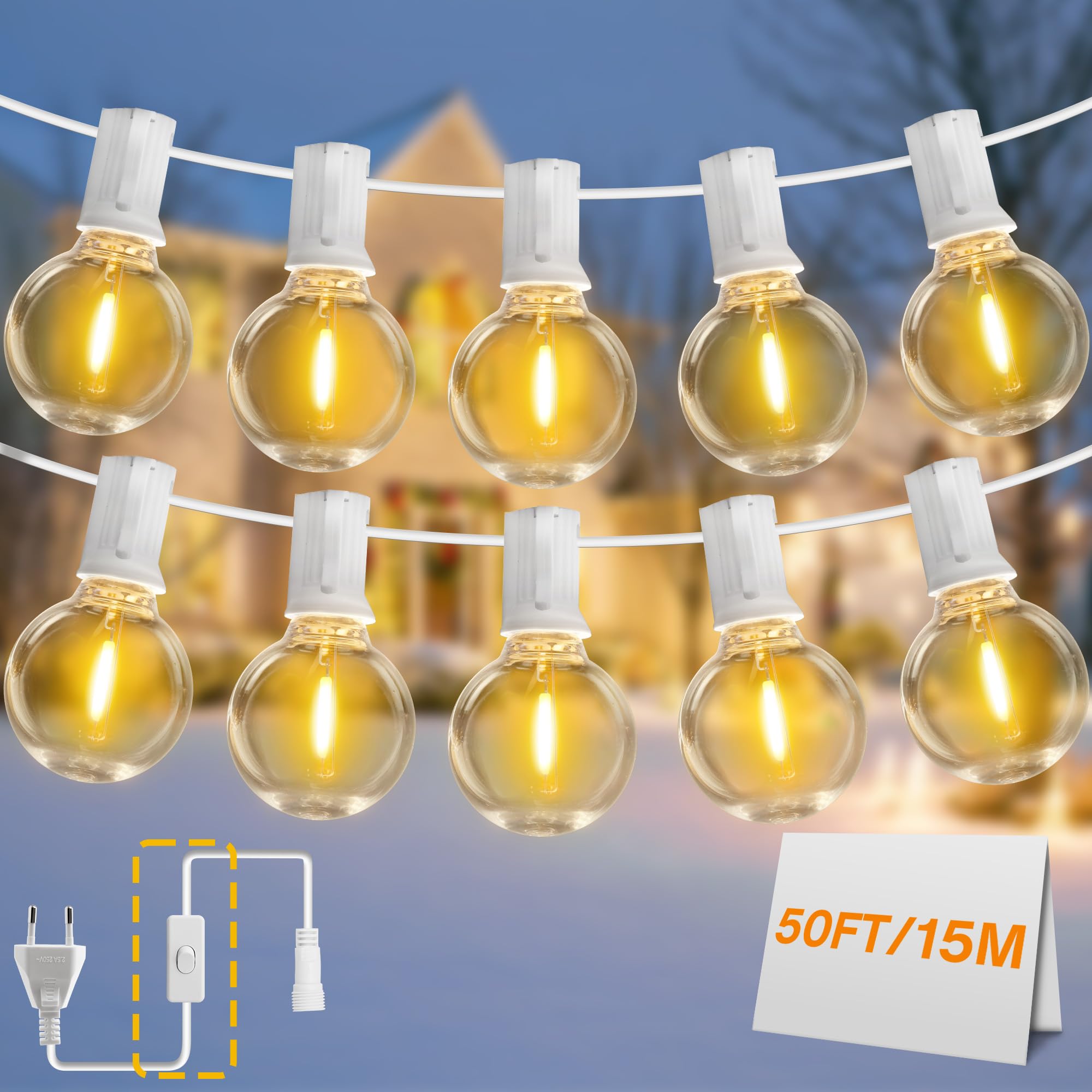 DSLebeen LED Lichterkette Außen Strom,15M/50FT 15+1 G40 LED Birnen Lichterkette mit Leitungsschalter Wasserdicht und Bruchsicher Lichterketten für Garten Balkon Hochzeit Party（Weißes Kabel）