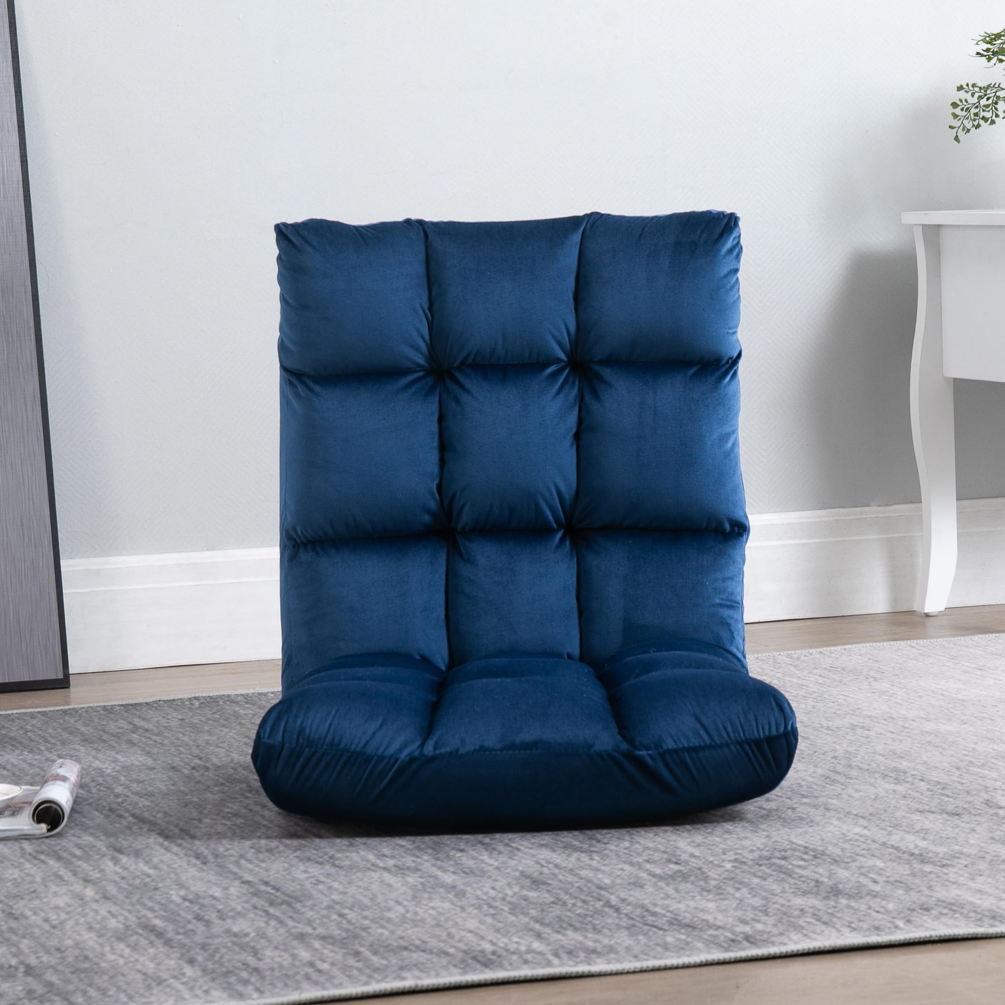 HOMCOM Poltrona da Terra Reclinabile 180° in Velluto, 55x71x53.5cm Blu | Sedia da Pavimento, Imbottitura Spessa, Camera da Letto, Ufficio, Soggiorno