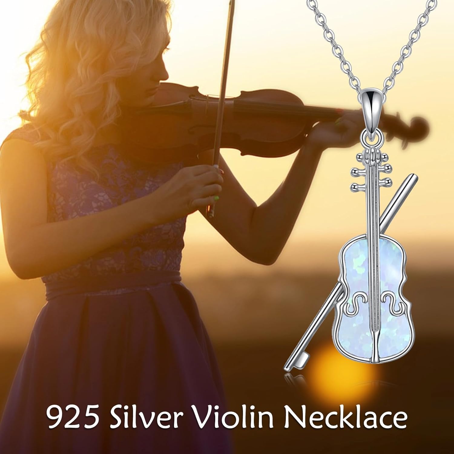 YAFEINI Sterling Silver Violin and Violin Bow Pendant Necklace with Opal Stone - Music Jewelry Gift for Women Violinists - Image 5