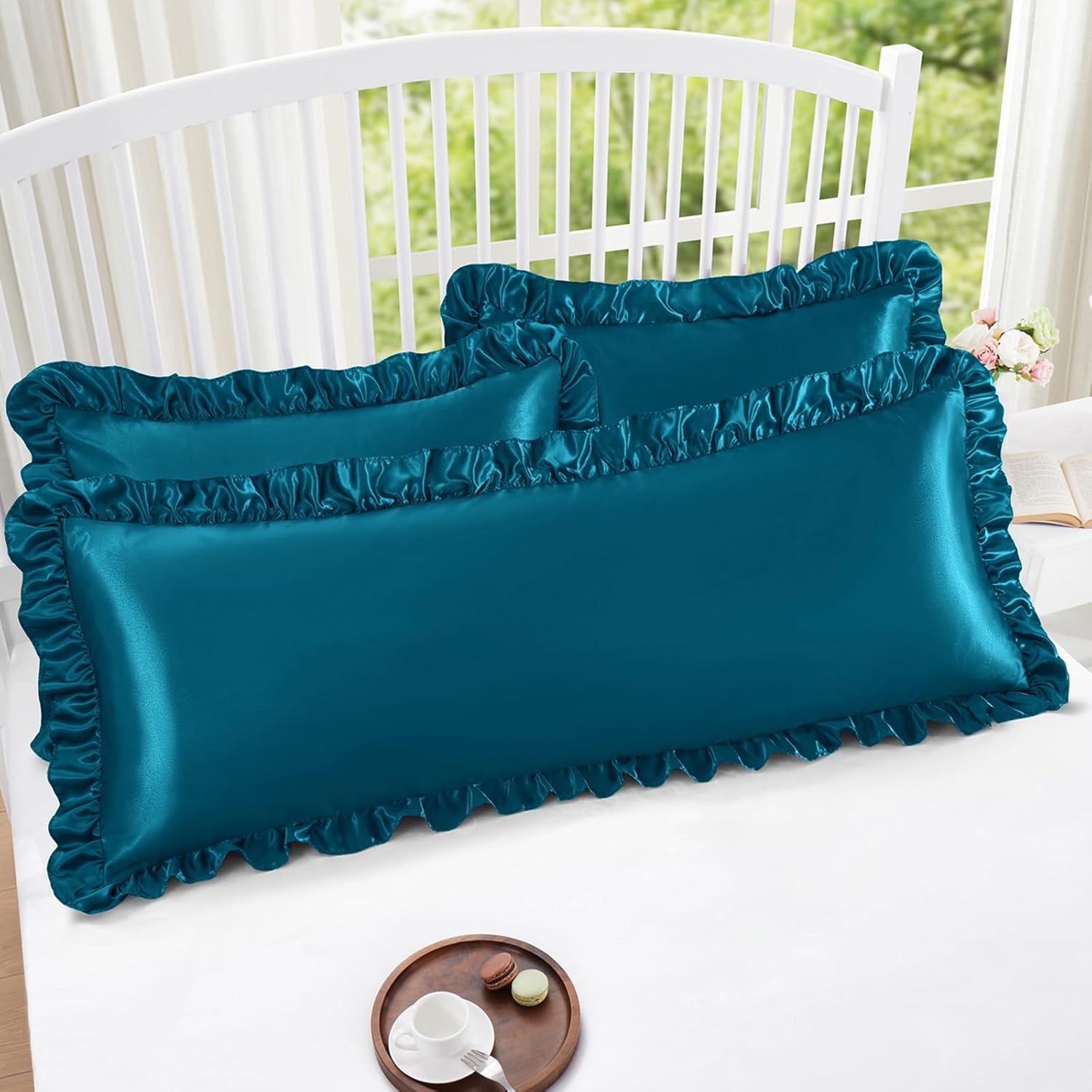 Homiest Ruffle Satin Body Pillow Cover, Silky Satin Body Pillowcase with Envelope Closure, Luxury & Ultra Soft Long Pillow Cases for Hair and Skin, Ruffled Long Pillow Shams (Dark Teal) - Image 5