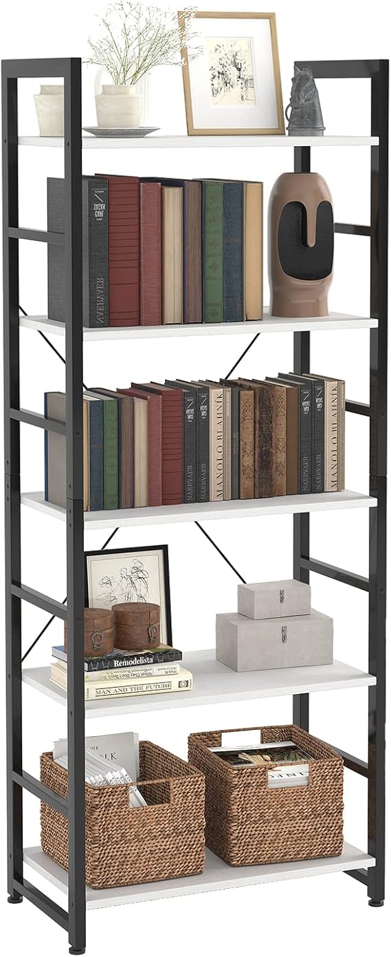 MEXIN 24" Bookshelf, 5Tier Ladder Shelf, Industrial Bookcase, Wooden and Metal Storage Rack