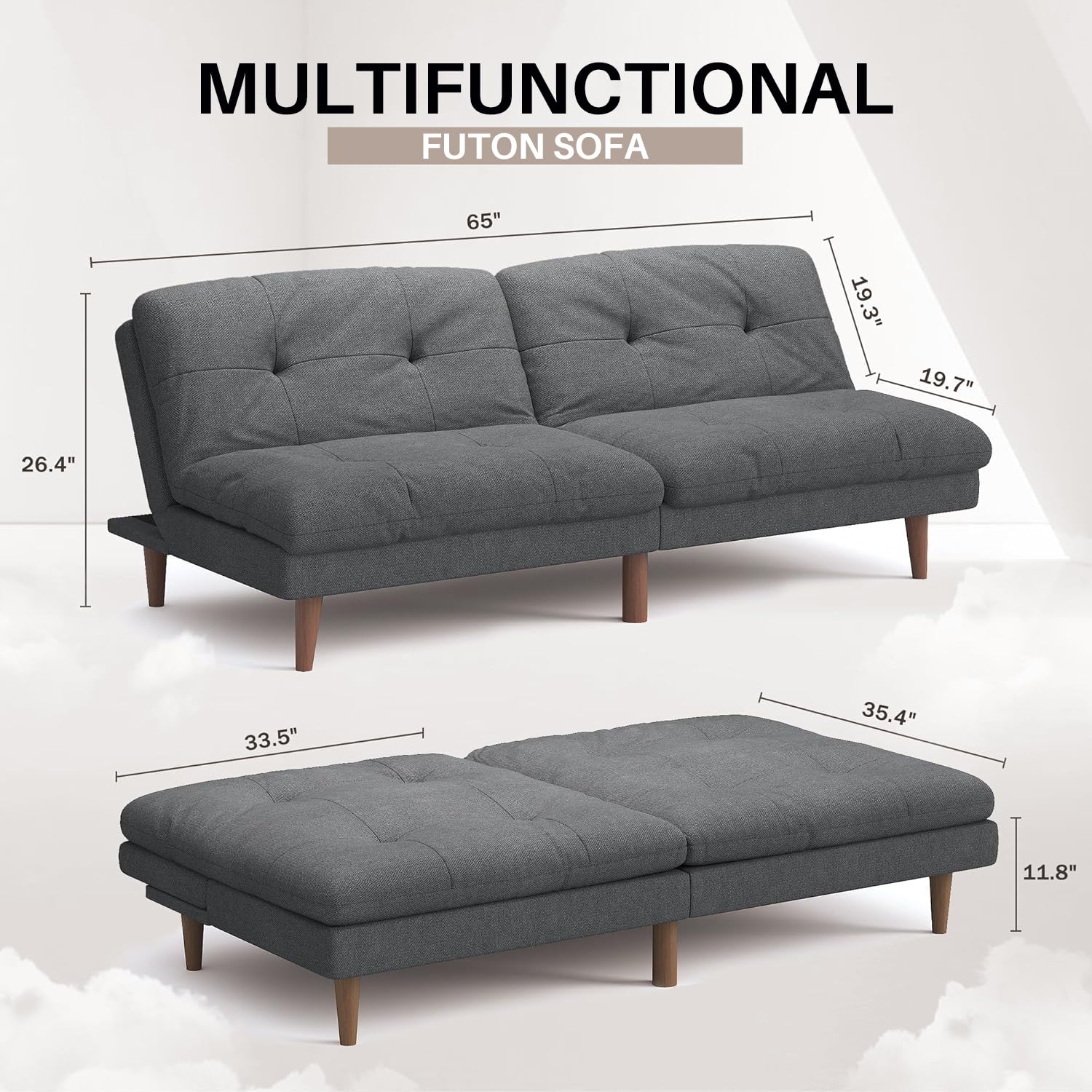 Homall 67'' Futon Couch, Modern Futon Sofa Bed with Adjustable Backrest | Convertible Sleeper Sofa Bed, Linen Loveseat Couch with Solid Wood Frame for Living Room, Apartment & Office | Grey