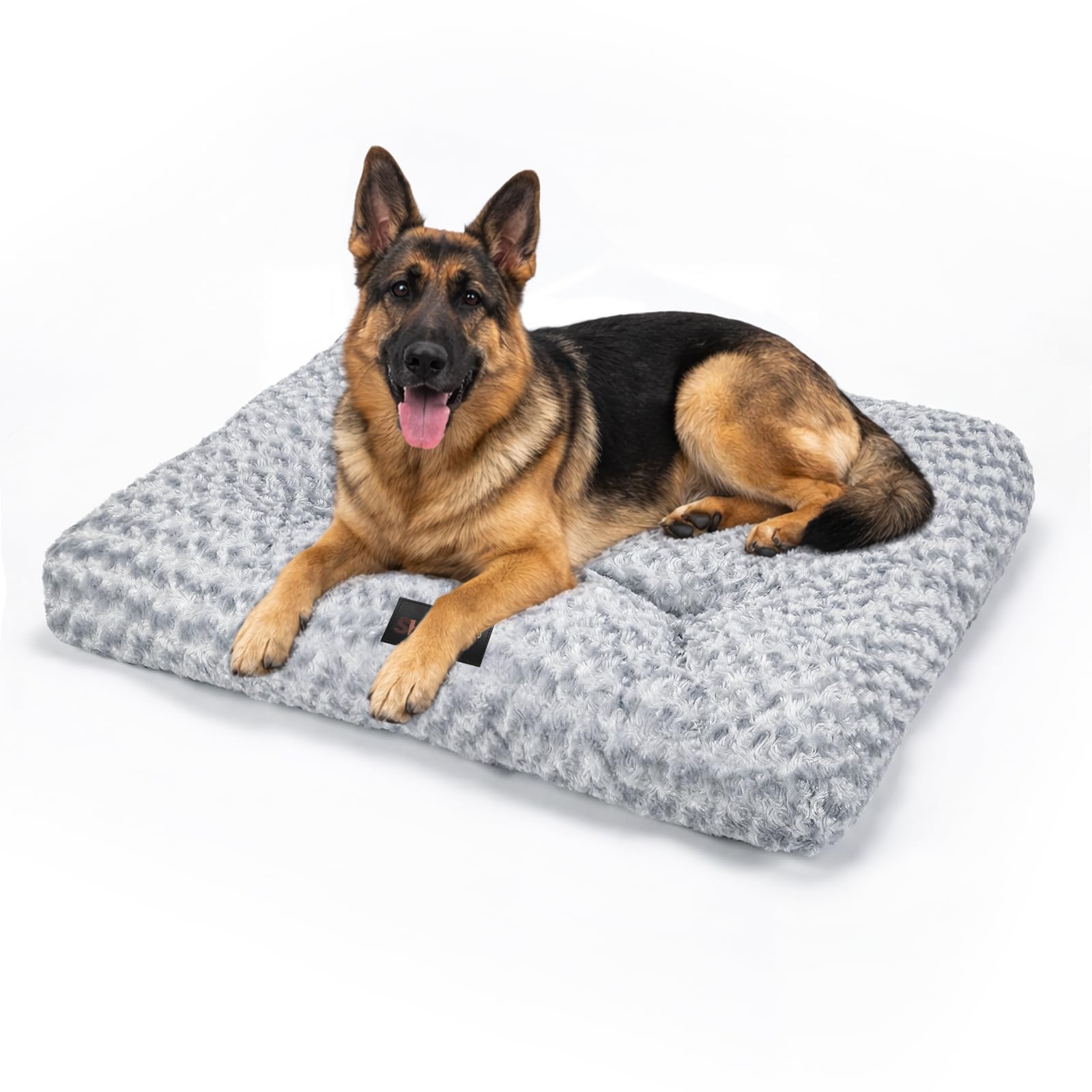 Skylos Extra Large Dog Bed, 10cm Thick Washable Crate Mattress with Non-Slip Bottom, Fluffy Plush Pet Bed for Joint Support, Grey, 122x75x10cm