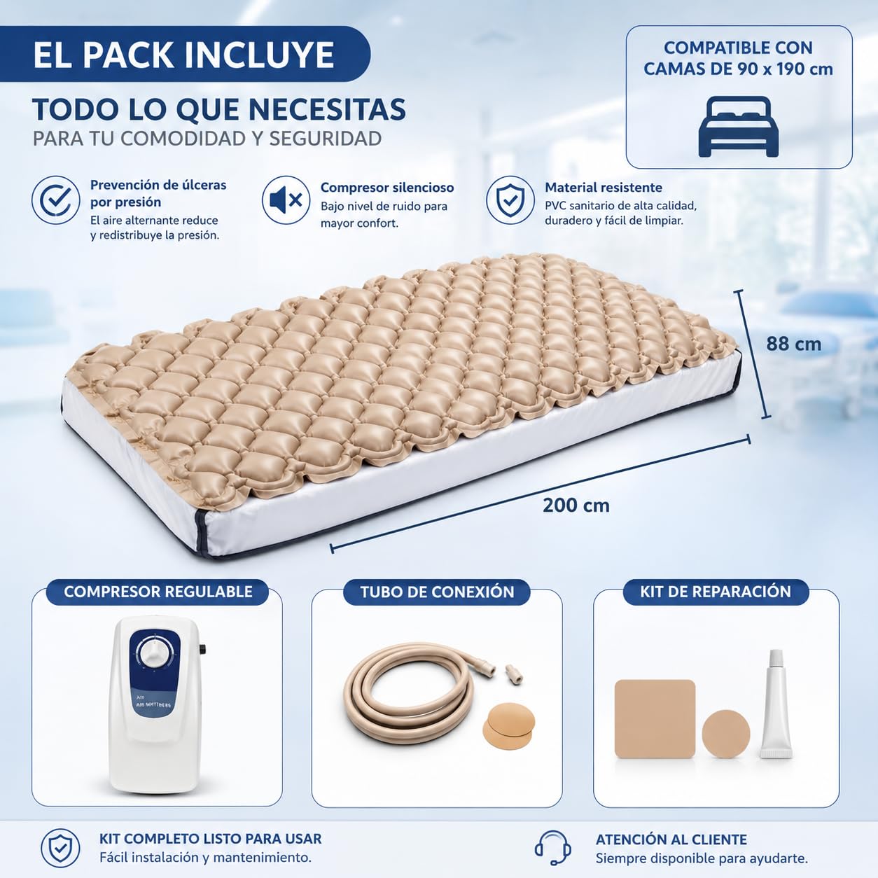 SY-200 Colchón Antiescaras de Aire Alternante con Compresor de Bajo Ruido (30-35 dB) – Cama 90 cm (88x200 cm) – Dispositivo Médico para Pacientes Encamados – Prevención de Úlceras por Presión