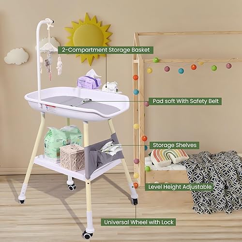 Miniatura 4 de Cambiador de pañales para bebé, estación de cambio de pañales de altura ajustable con móvil de cuna, cambiador, organizador de guardería y estante