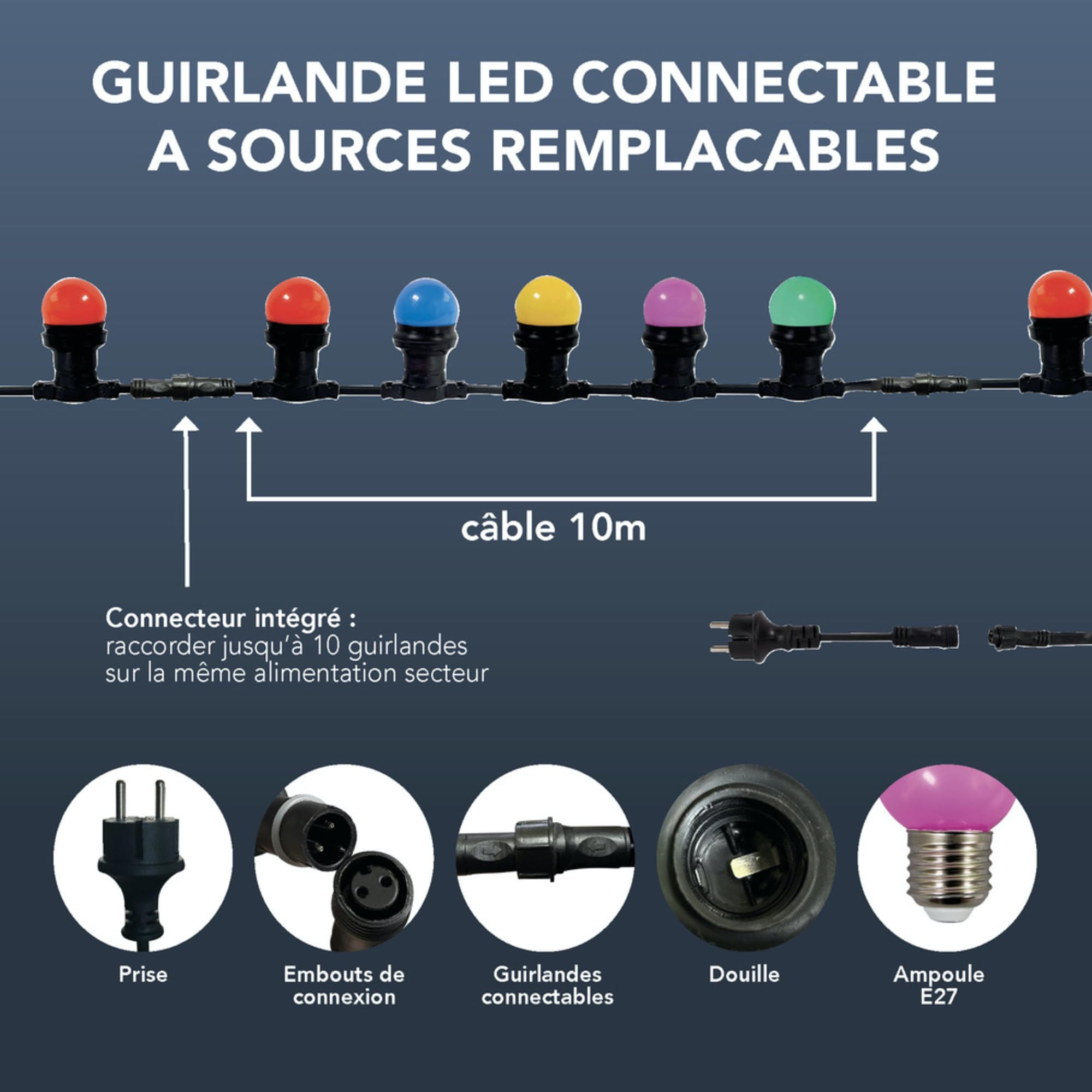 Guirlande LED 10 Ampoules E27 Coloris Assortis 10M connectable