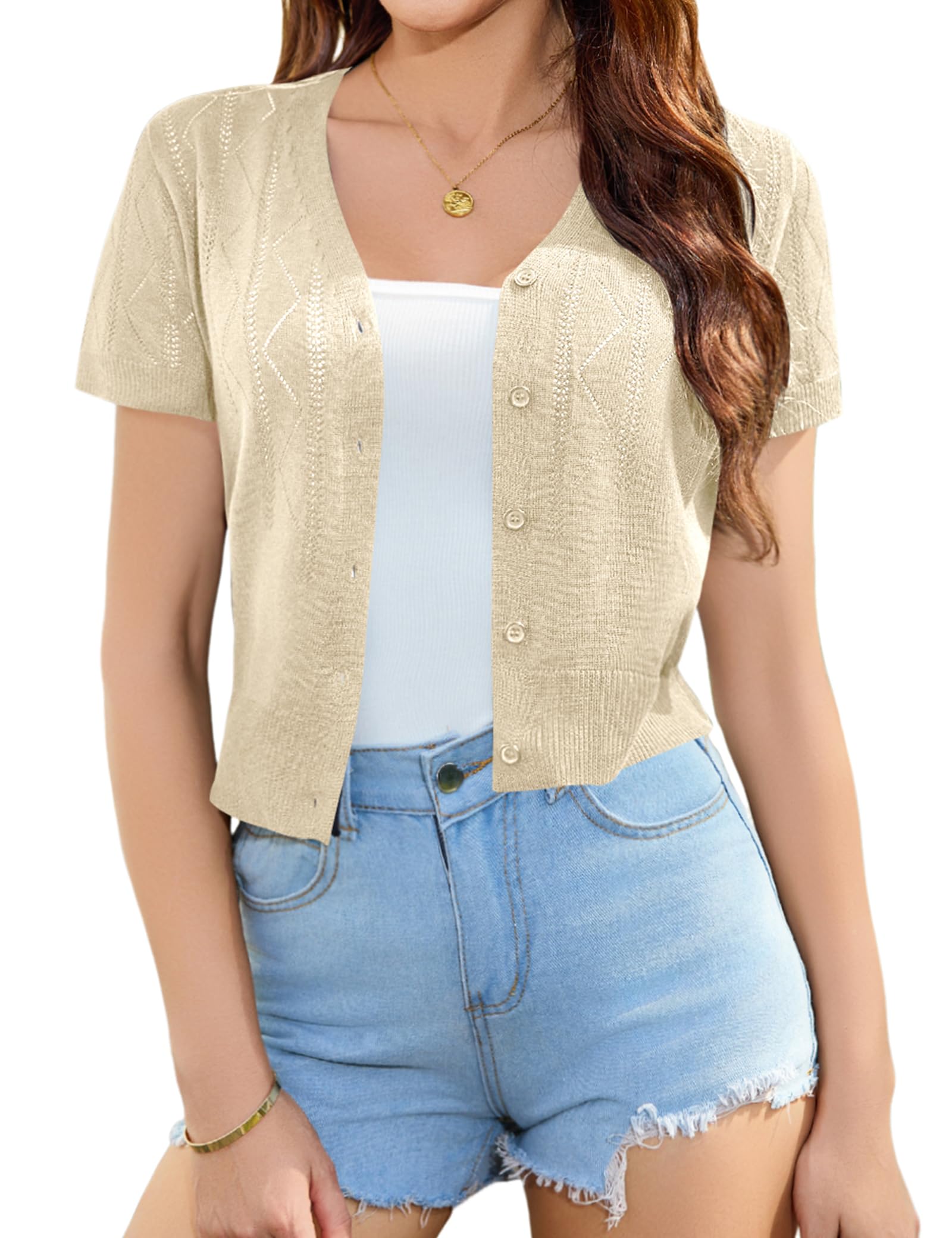 Totatuit Damen Bolero Sommer Kurzarm Kurze Strickjacke Elegant Festlich Leichte Cardigan mit Knopf