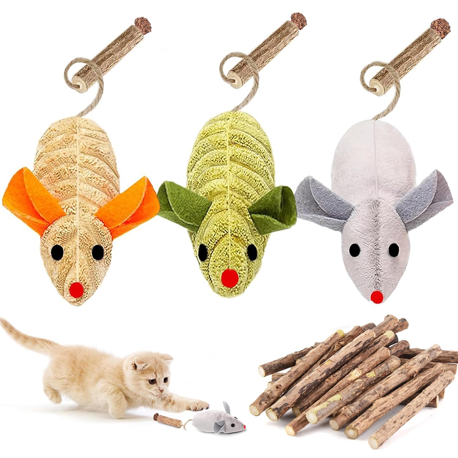 Juguete de hierba gatera, 3 unidades de ratones Silvervine, 10 palitos de hierba gatera Matatabi para gatitos, juguete de peluche para gatos dentales, juguetes para gatos Silvervine para movimiento y