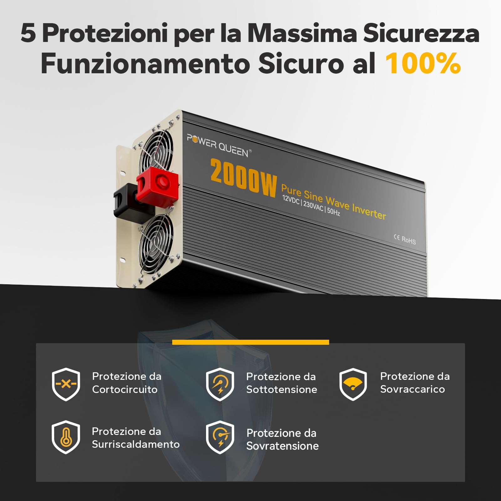 Power Queen Inverter da 2000 W, sinusoidale puro da 12 V su 230 V, con display LCD + telecomando, 2 prese AC, connettore USB + Tycp-C, inverter di potenza solare per camper, campeggio, barca