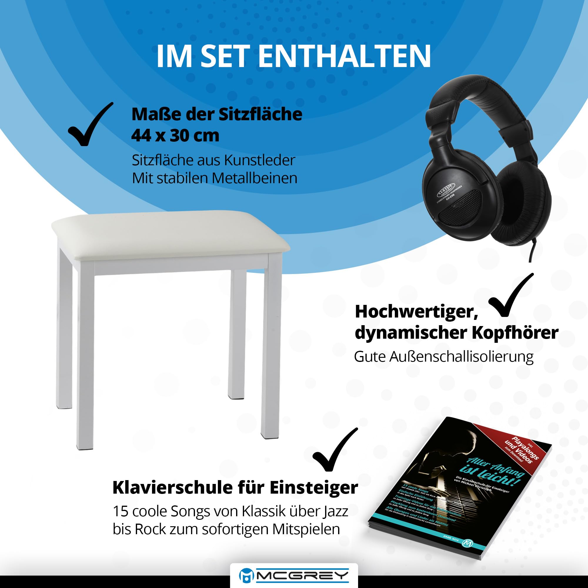 McGrey DP-19 WM E-Piano Set - 88 gewichtete Tasten mit Hammermechanik und Anschlagdynamik - 8 Klänge - Tastaturabdeckung - inkl. Klavierbank, Kopfhörer und Klavierschule - Weiß matt