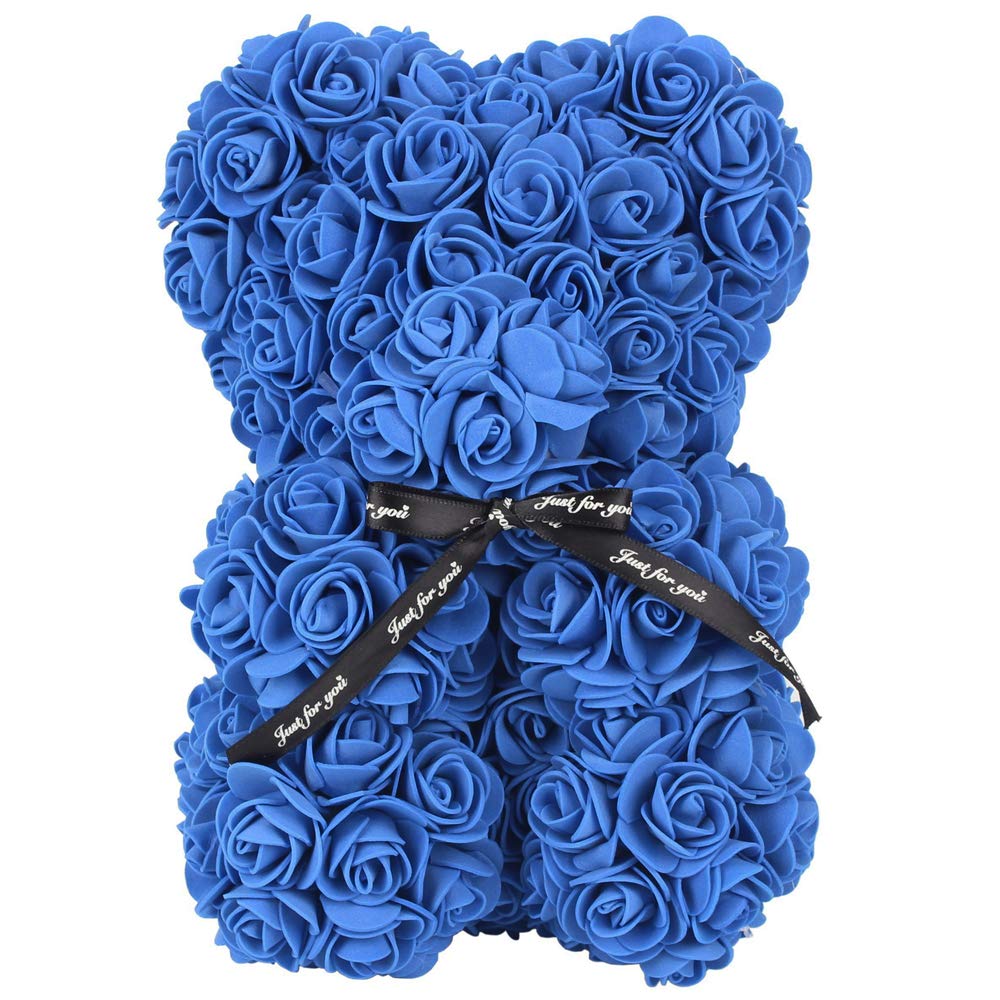 Feiwen Blue Rose Flower Bear 10 Inch Teddy Bear Artificial Flowers Gift For Mothers Day, Valentines Day, Anniversary & Bridal Showers (Blue)
