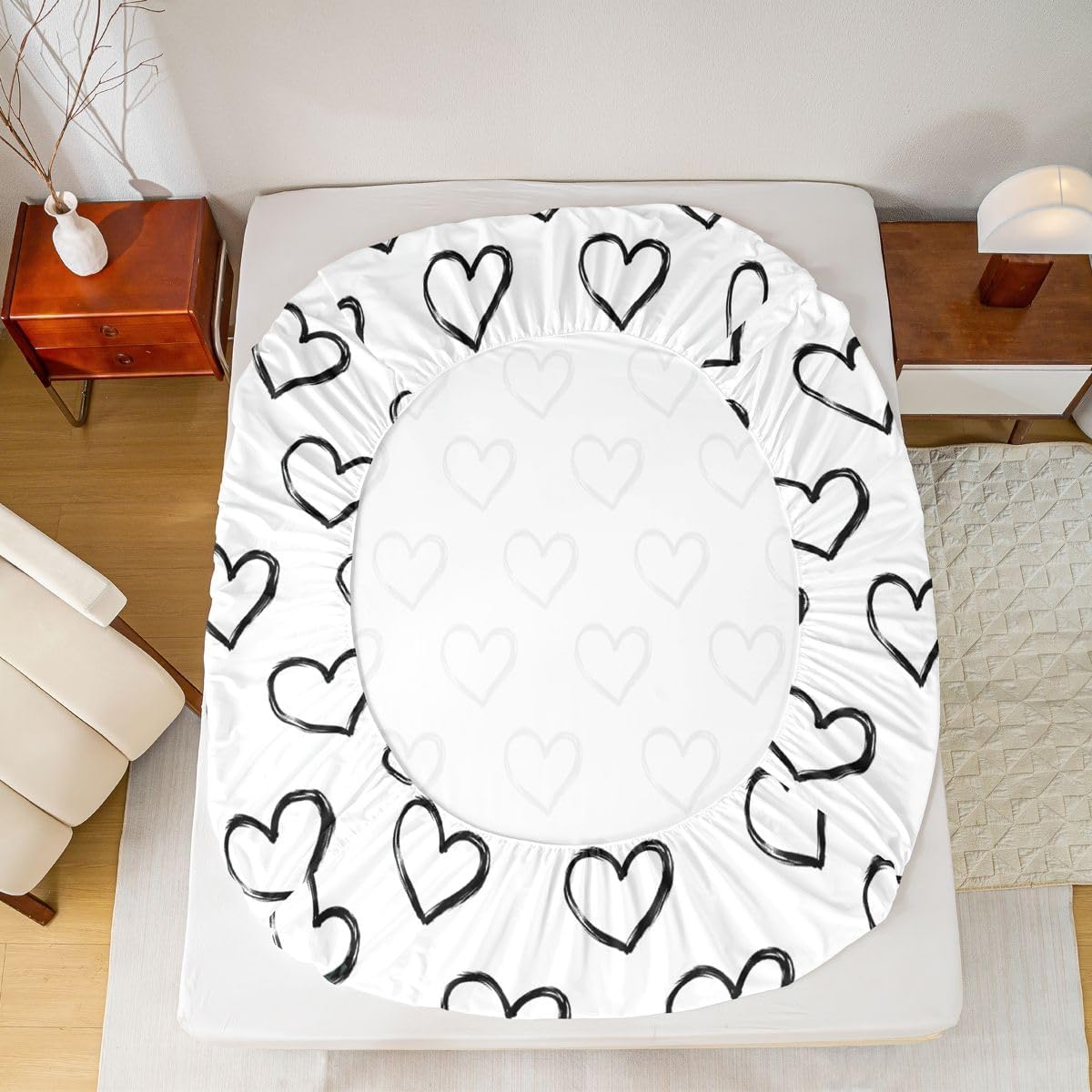 Erosebridal Heart Pattern Bed Sheets Full Simple Geometric Lines Sheet Set, Black and White Hand Drawn Soft Lightweight Bedding Set, Romantic Valentine's Day Fitted Sheet with Deep Pocket